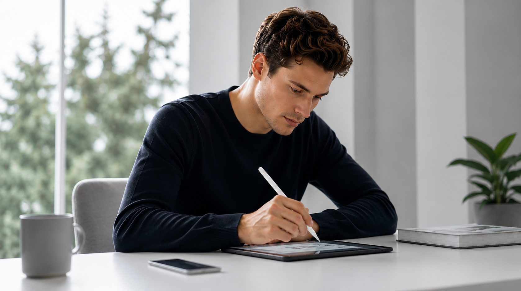 Active stylus pen for digital drawing and note taking, man writing on graphics tablet at home office
