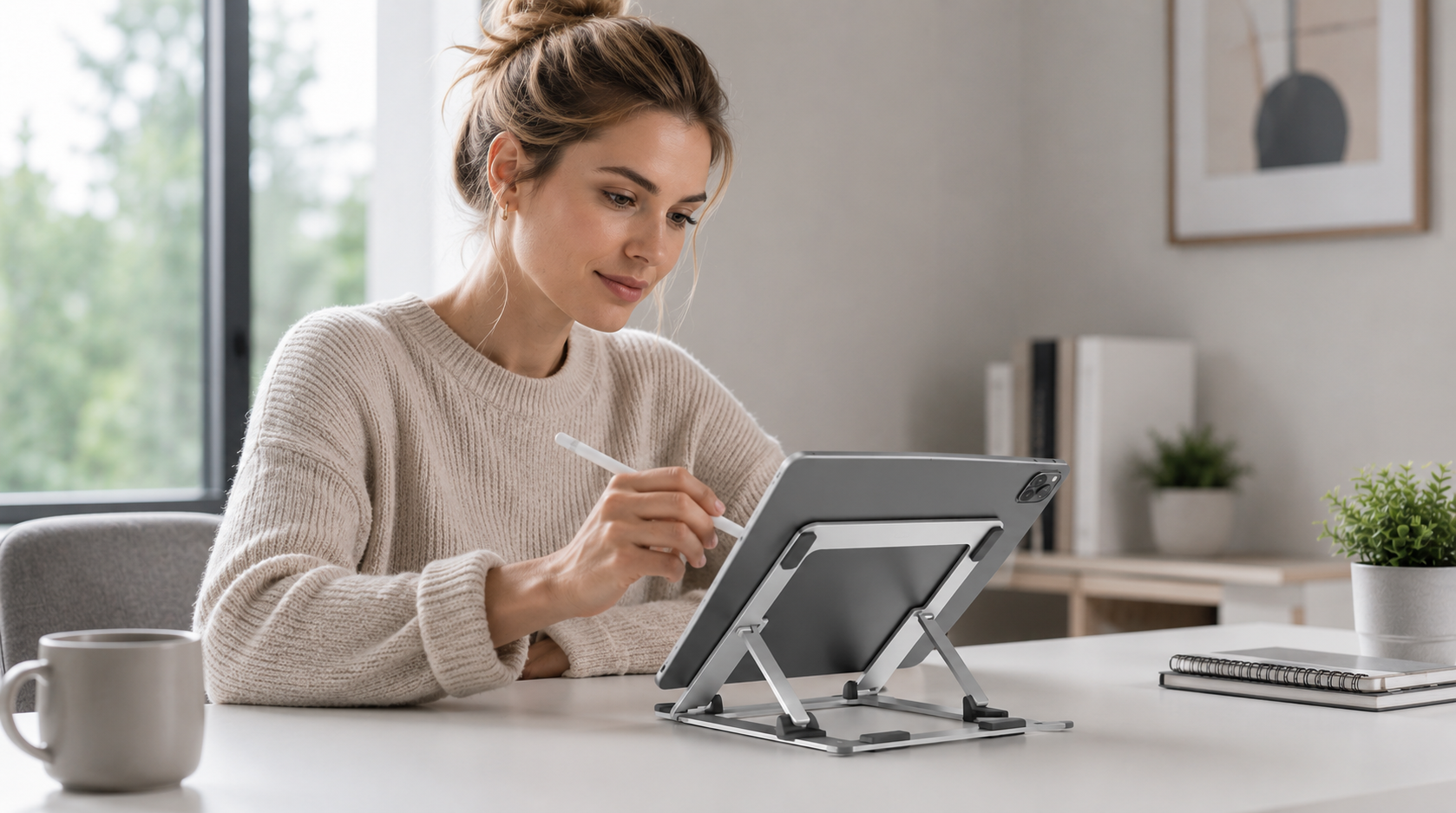 Adjustable aluminum tablet stand for desk, woman using stylus pen on tablet at home office