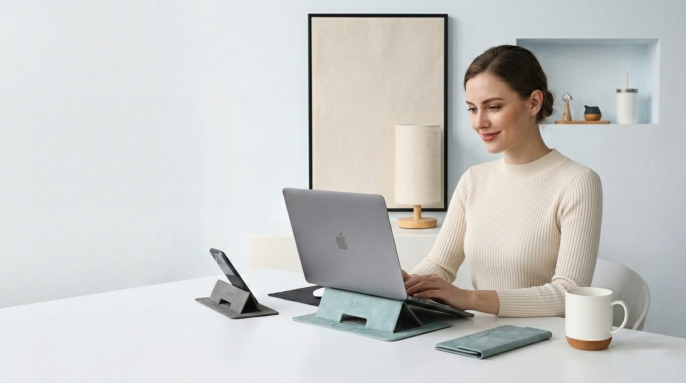 Premium suede laptop stand for desk, adjustable foldable computer riser for home office